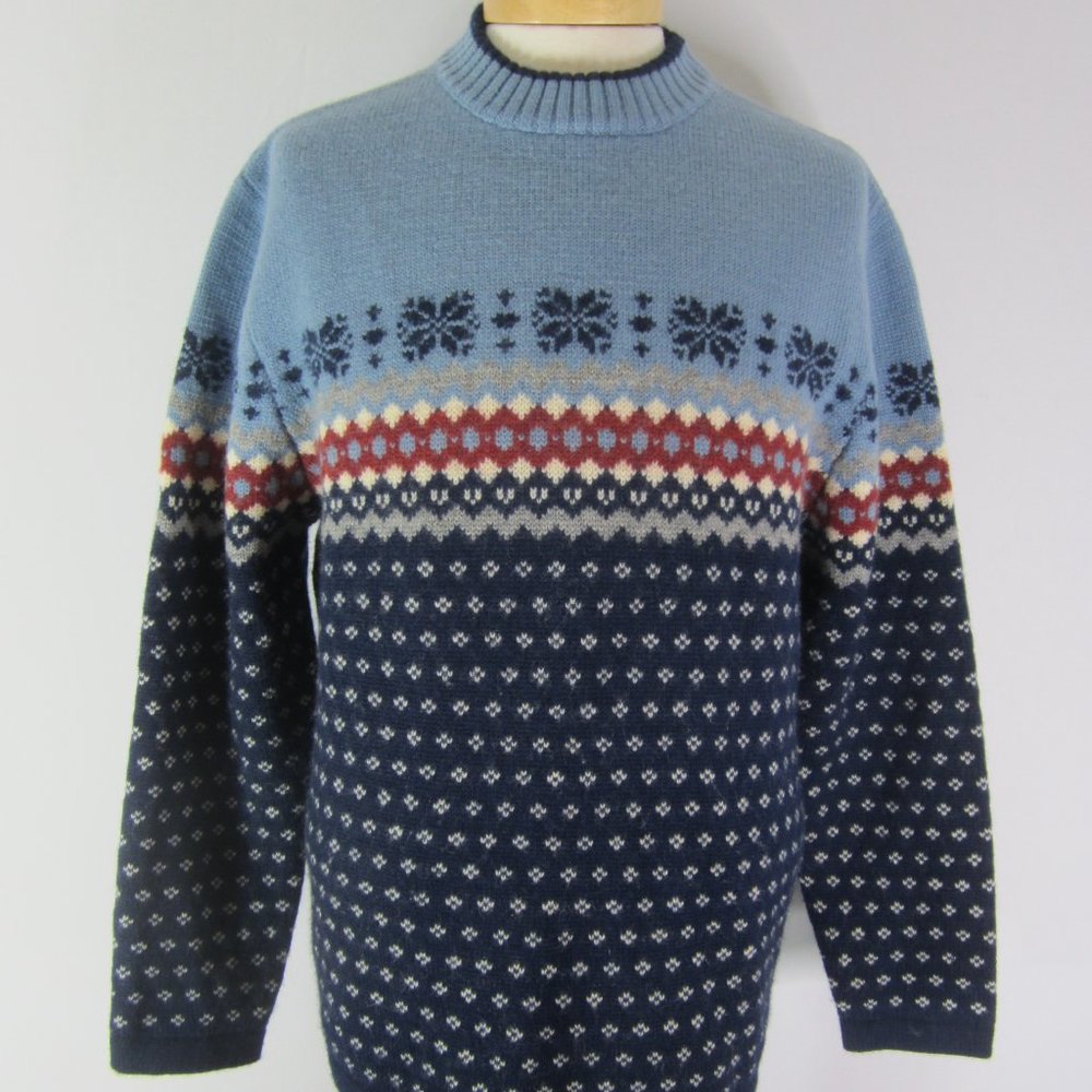 Vtg Lands End Mens M Blue Nordic Wool Ski Sweater - Picture 1 of 8